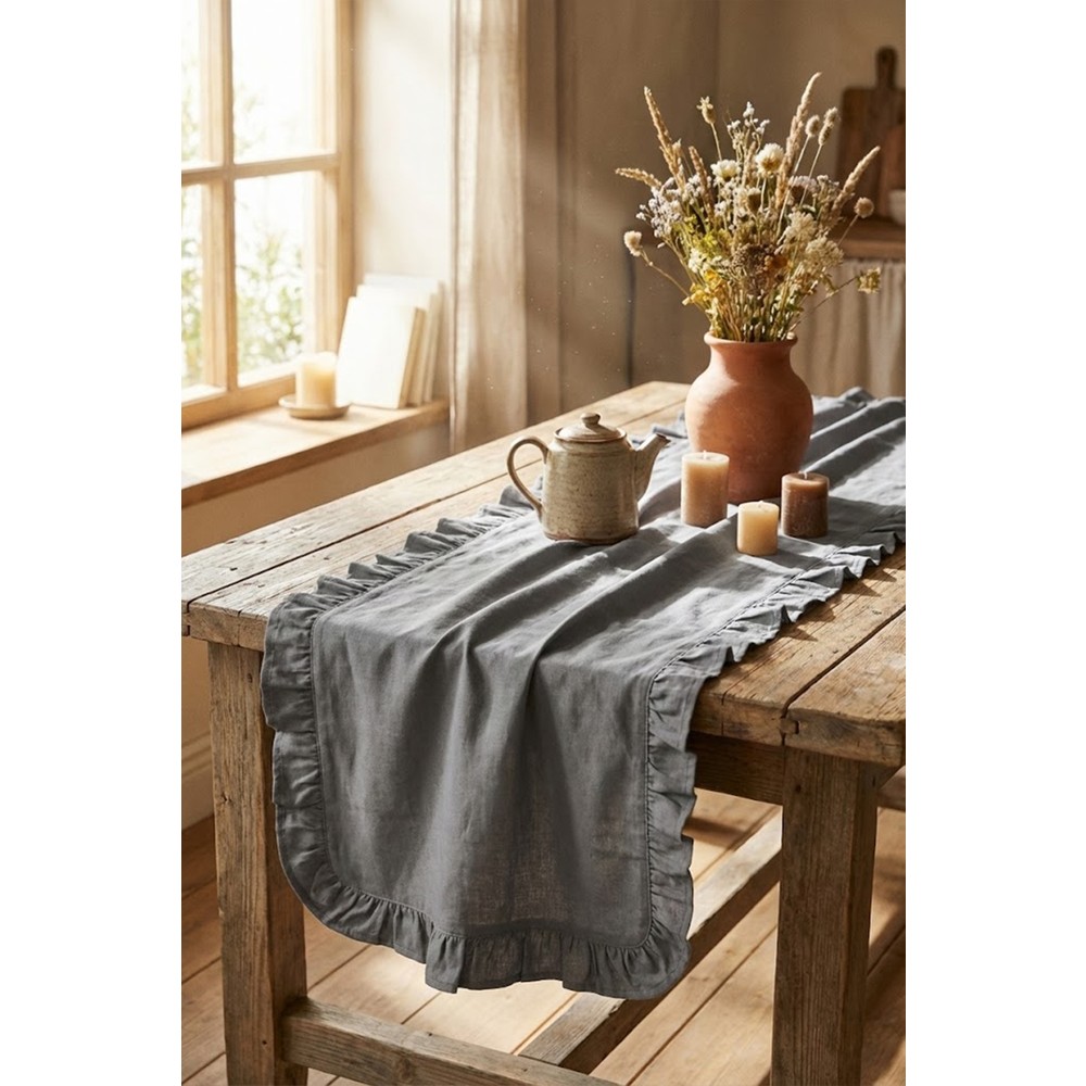YUNUSOĞLU HOME Fırfırlı Masa Runner 120x40 cm – Şık Dekoratif Masa Örtüsü