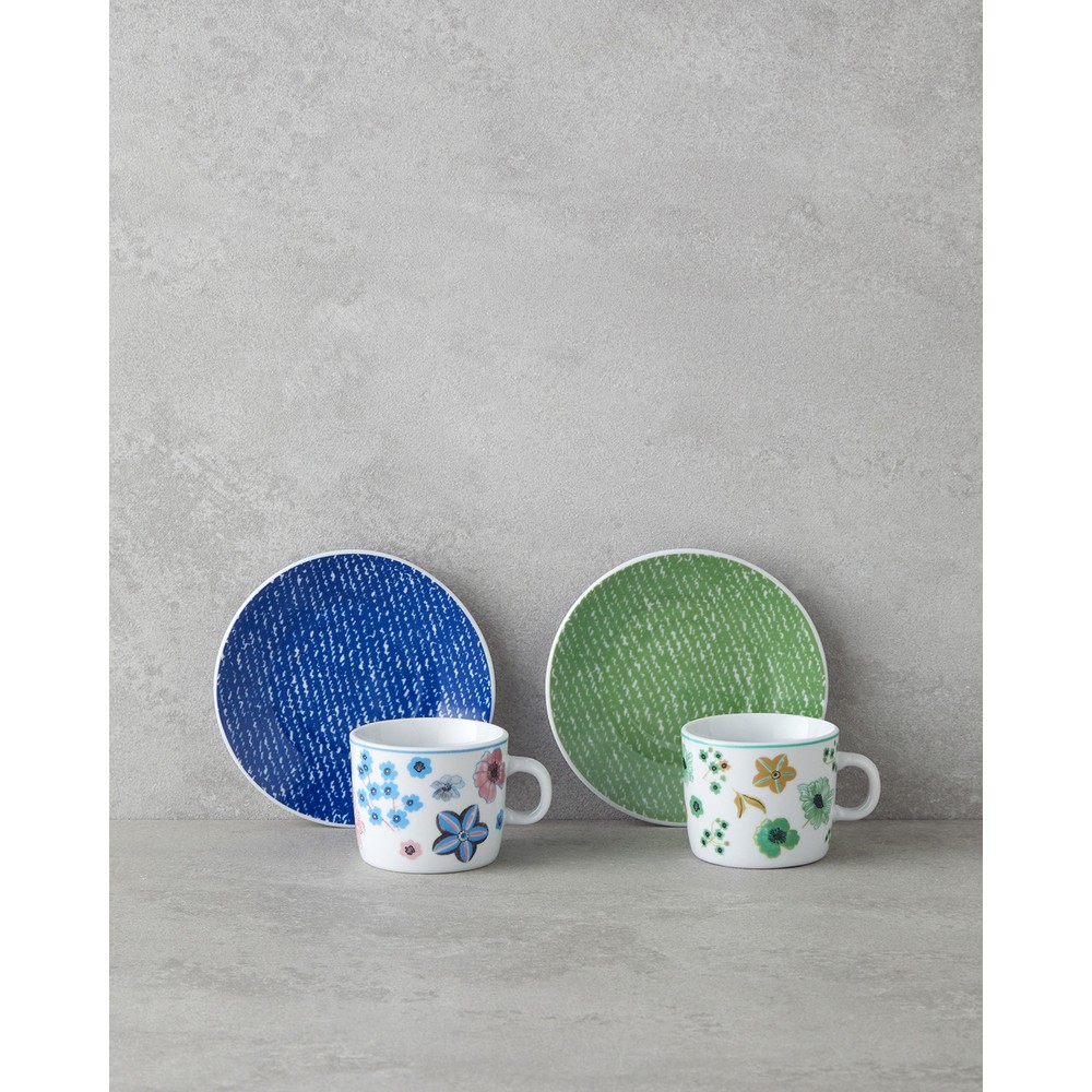 English Home Dewy Porselen 4 Parça Kahve Fincan Takımı 80 ml Mavi-Yeşil Çiçek Desenli