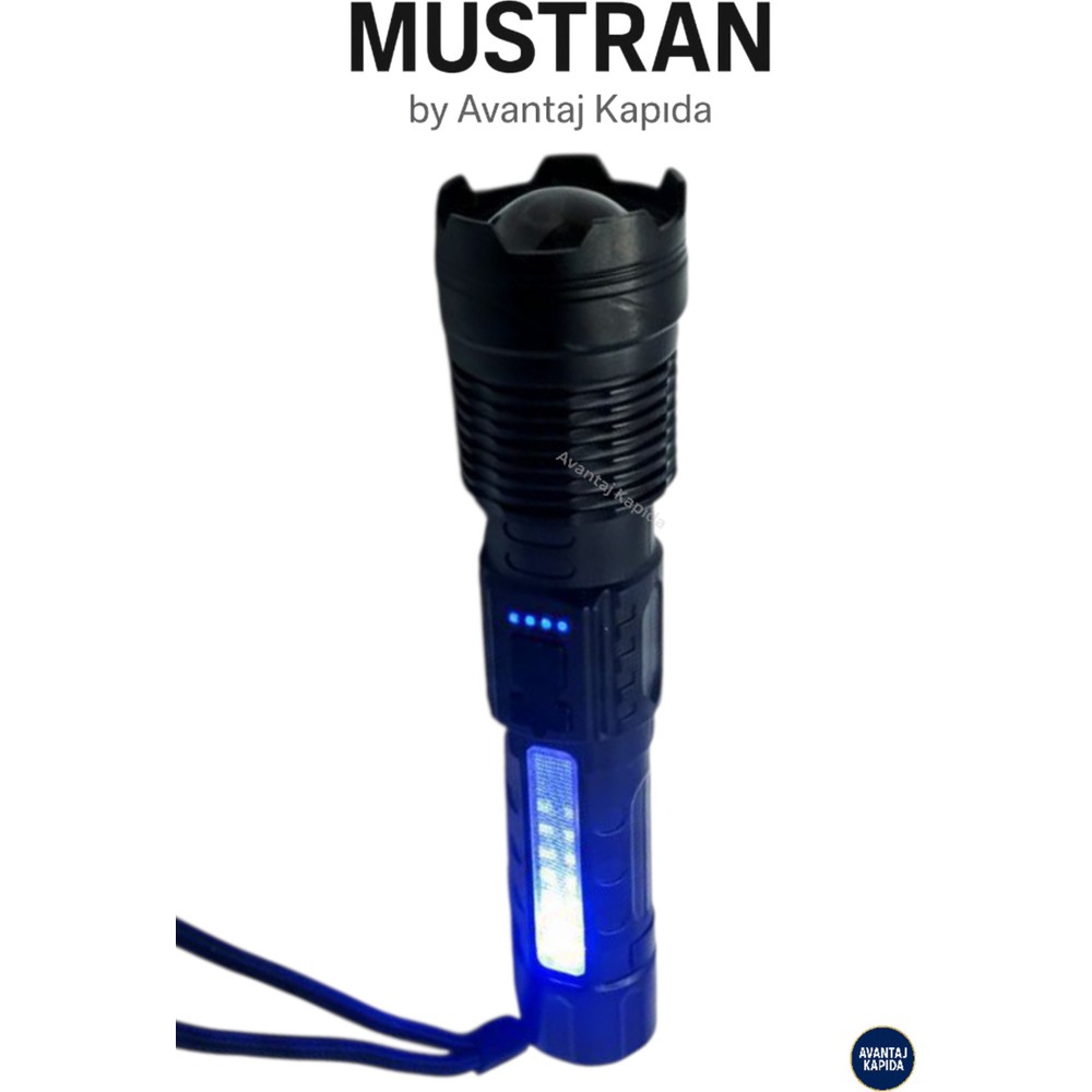 Mustran Şarjlı Taktik El Feneri Güçlü Işık Zoomlu 6 Mod LED+COB Kamp Avcılık Outdoor Kılıflı Kutulu