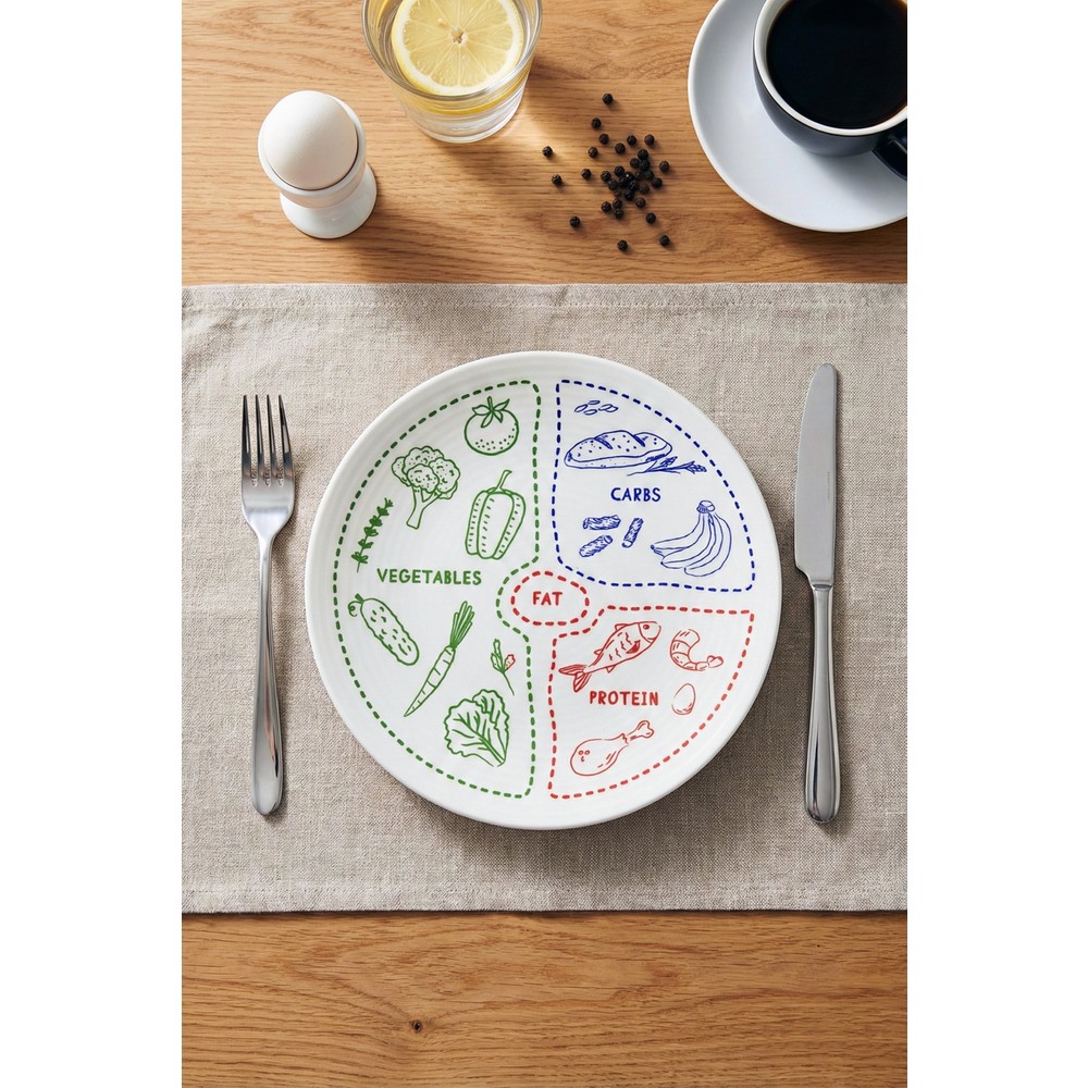 Grandora Diyet Tabağı - 27 cm Fit Yaşam Porsiyon Kontrol Tabağı, Vegetables Protein Carbs Desenli Diyet Tabak