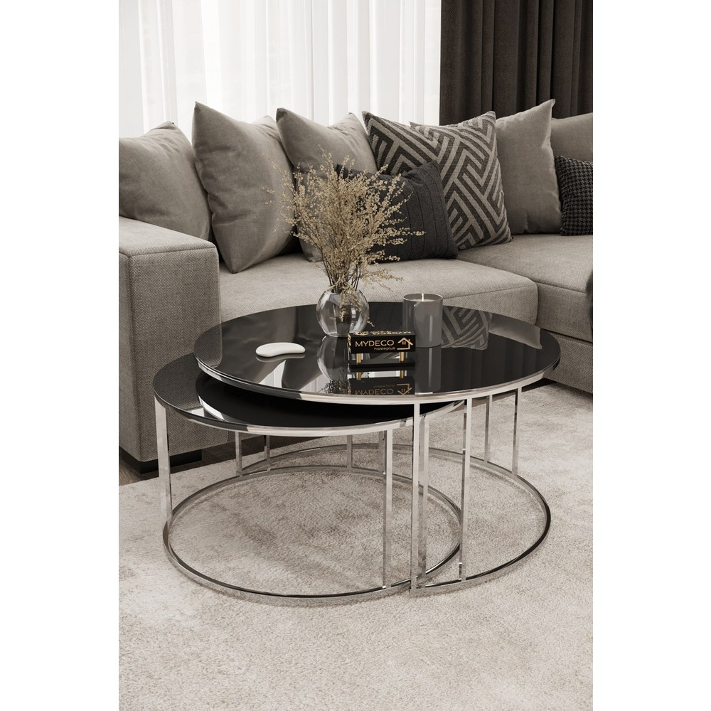 Home Plus Mobilya Yavrulu 1+1 Orta Sehpa Gümüş Kaplama Füme Ayna