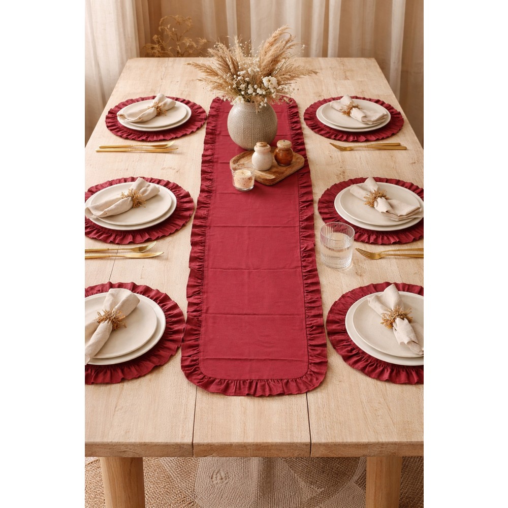 YUNUSOĞLU HOME Bordo Fırfırlı Pamuklu Masa Örtüsü Takımı 120X40 cm Modern Desen 7 Parça