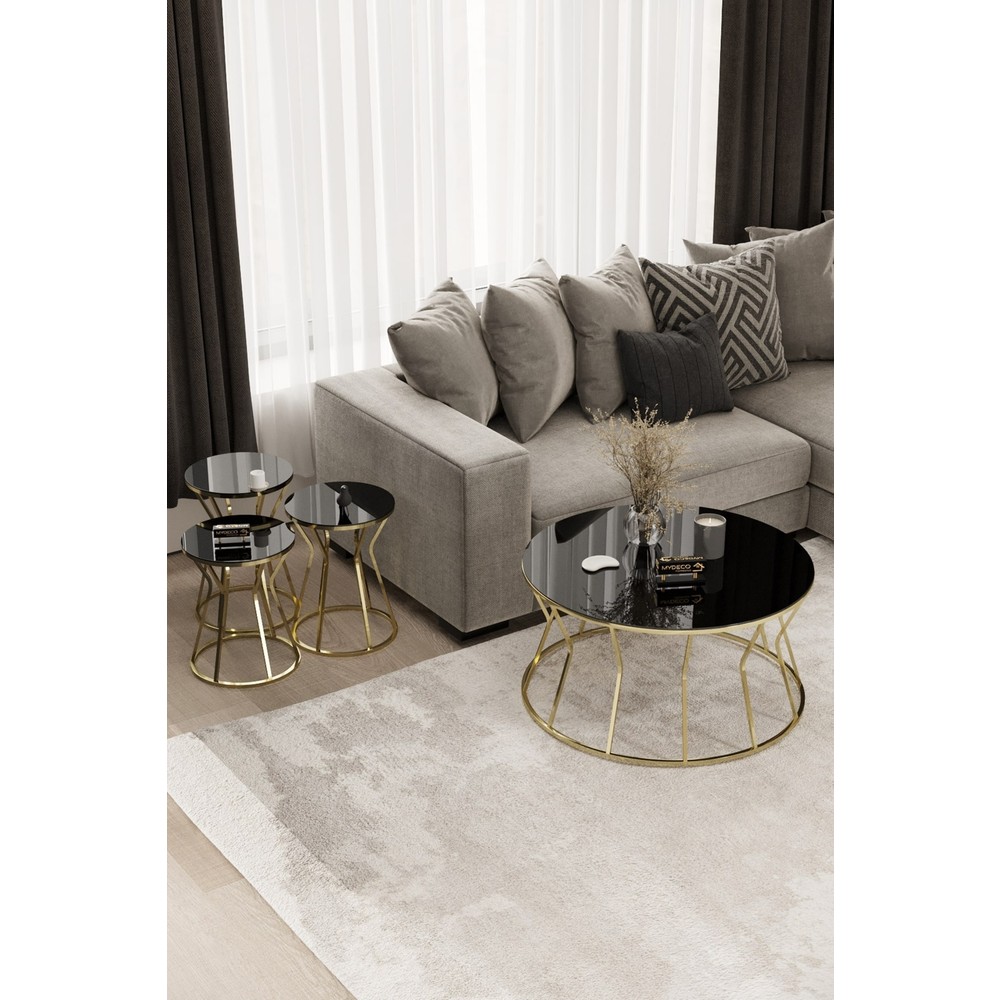 Home Plus Mobilya Kum Saati Orta Sehpa & Zigon Sehpa Set Gold Kaplama Siyah Ayna