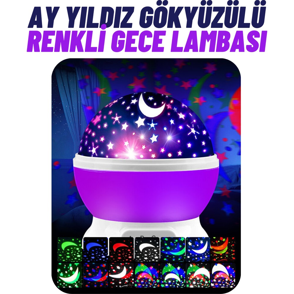 Magicway 360° Dönen Projeksiyon Renkli Işıklı Gece Lambası Ay ve Yıldızlı Gökyüzü Yansıtmalı