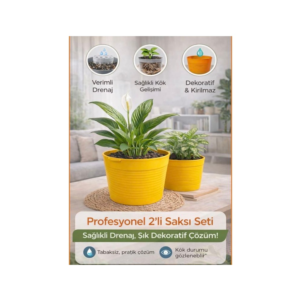 2'li Saksı Seti - 15 Pot Üretim + 1,8 Litre Sarı Dekoratif Kırılmaz Saksı | Tabaksız Uyumlu