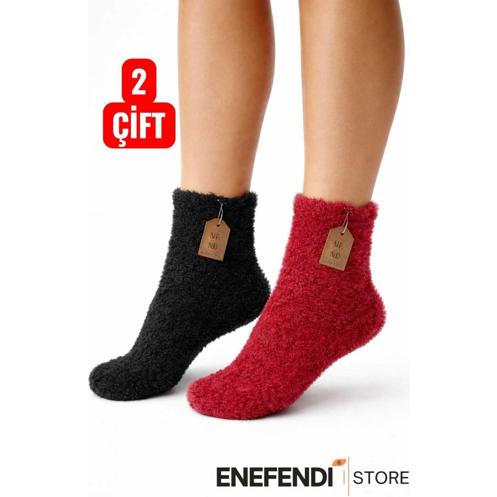 NF ND ENEFENDİ 2 Çift Termal Kışlık Peluş Unisex Çorap - Dikişsiz Tüylü Ev ve Parti Çorabı (Kırmızı-Siyah) 36-41