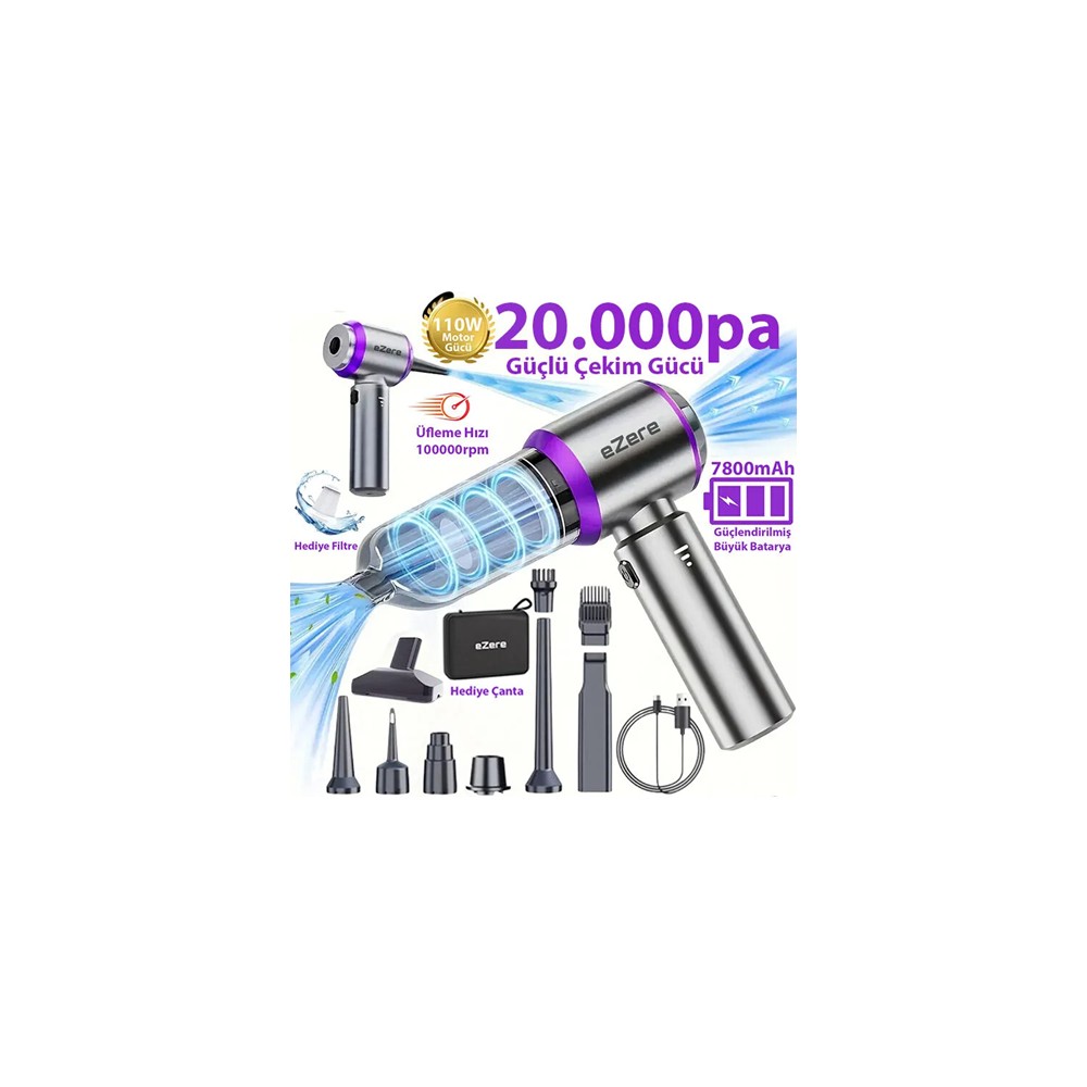 Ezere 20000PA Güçlü Portatif Kablosuz Araç Süpürgesi 110W Ergonomik Tasarım ile Taşınabilir Temizlik
