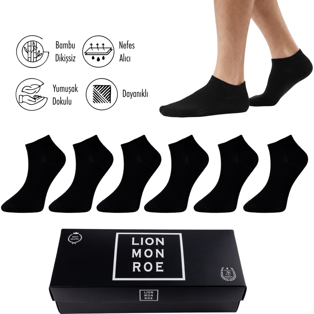 Lion Monroe Saf Bambu Erkek Asorti Patik  Düz Kısa  Çorap Dikişsiz Premium Kutulu 6'lı L5952AZNP Softaura