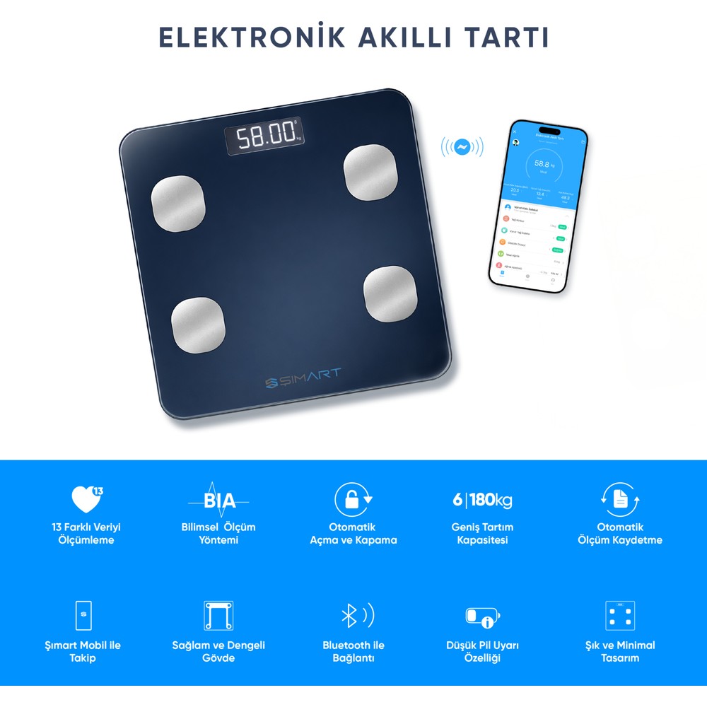 Şımart Akıllı Tartı Yağ Ölçer, Kas Analizli ve Vücut Takipli