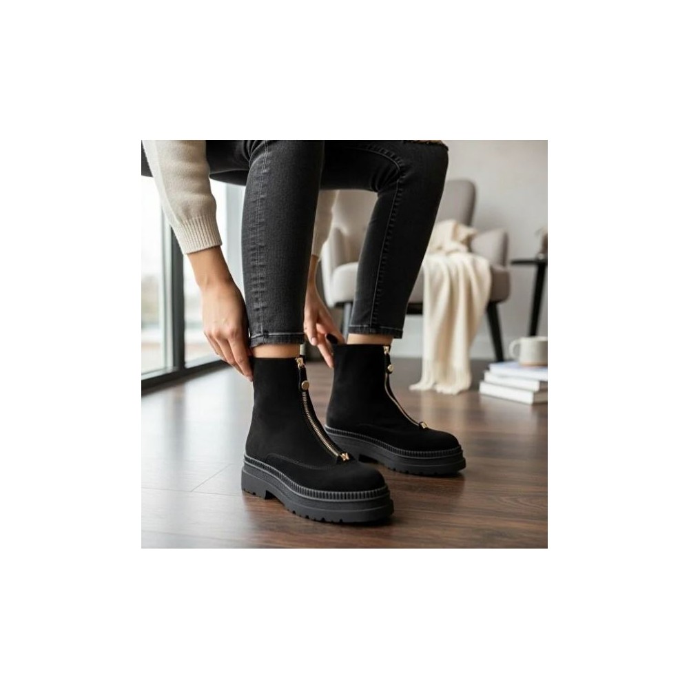 Ne&Ve Shoes Siyah Süet Hakiki Deri Gold Aklsesuarlı Önden Metal Fermuarlı Kadın Kalın Tabanlı Bot