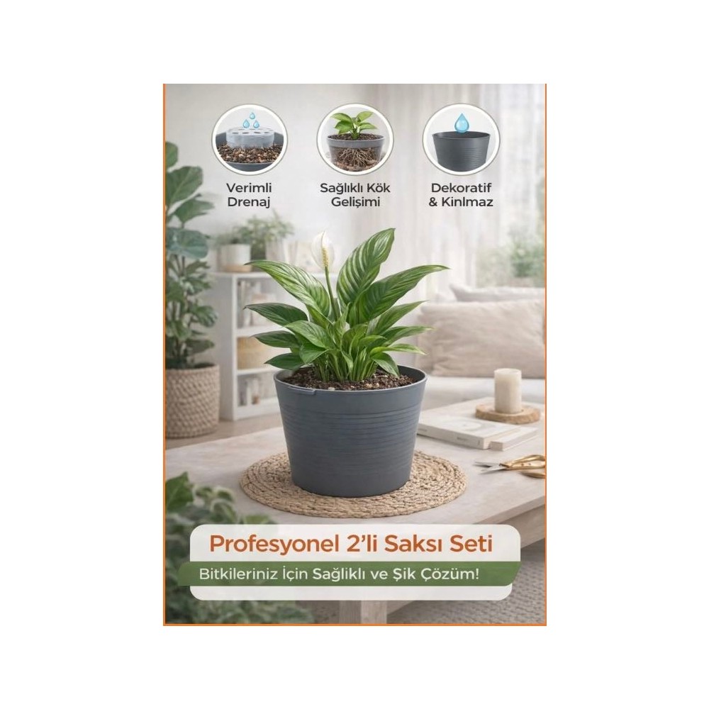 2'li Saksı Seti | 15 Pot Yarı Şeffaf Üretim Saksısı + 1.8 L Gri Dekoratif Kırılmaz Dış Saksı