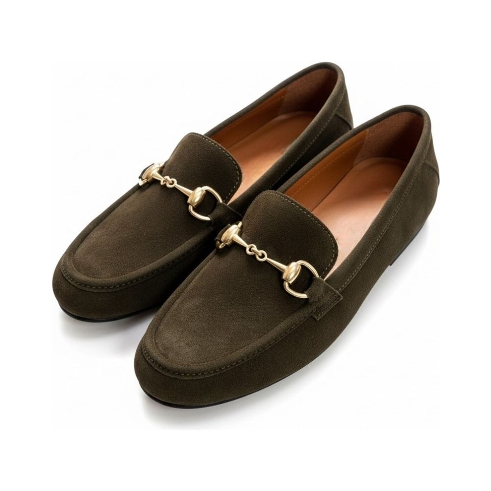 Ne&Ve Shoes Süet Hakiki Deri Gold Zincir Aksesuarlı Kadın Loafer Ayakkabı