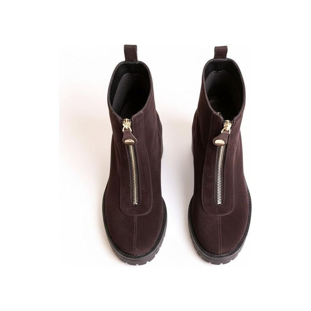 Ne&Ve Shoes Kahve Kadife Önden Metal Fermuarlı Kadın Kalın Topuklu Bot