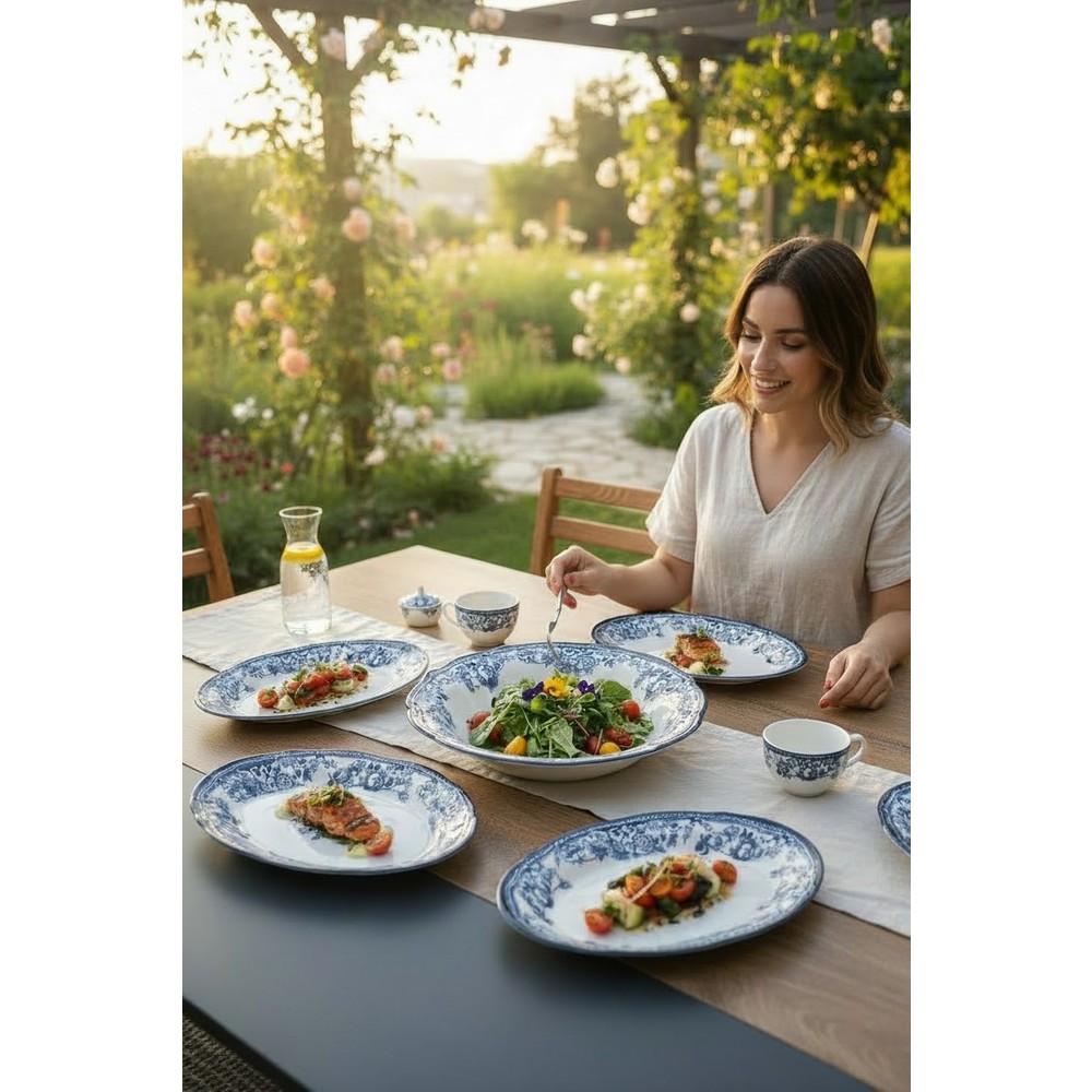 Akayev Porselen Vintage Blue 5 Parça Salata Kayık Servis Takımı Servis Takımı