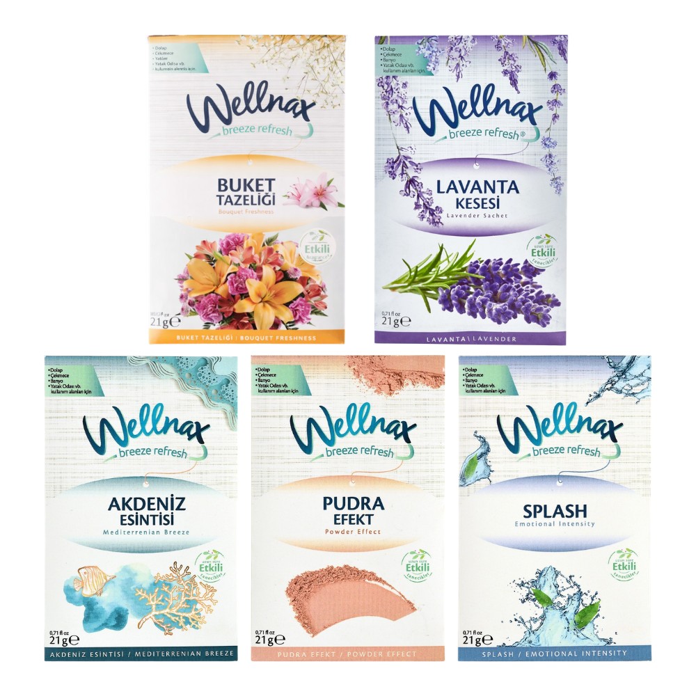 Wellnax Breeze Refresh 5’li Koku Kesesi Seti – Lavanta, Buket Tazeliği, Akdeniz Esintisi, Pudra Efekt, Splash (5 x 21 G)