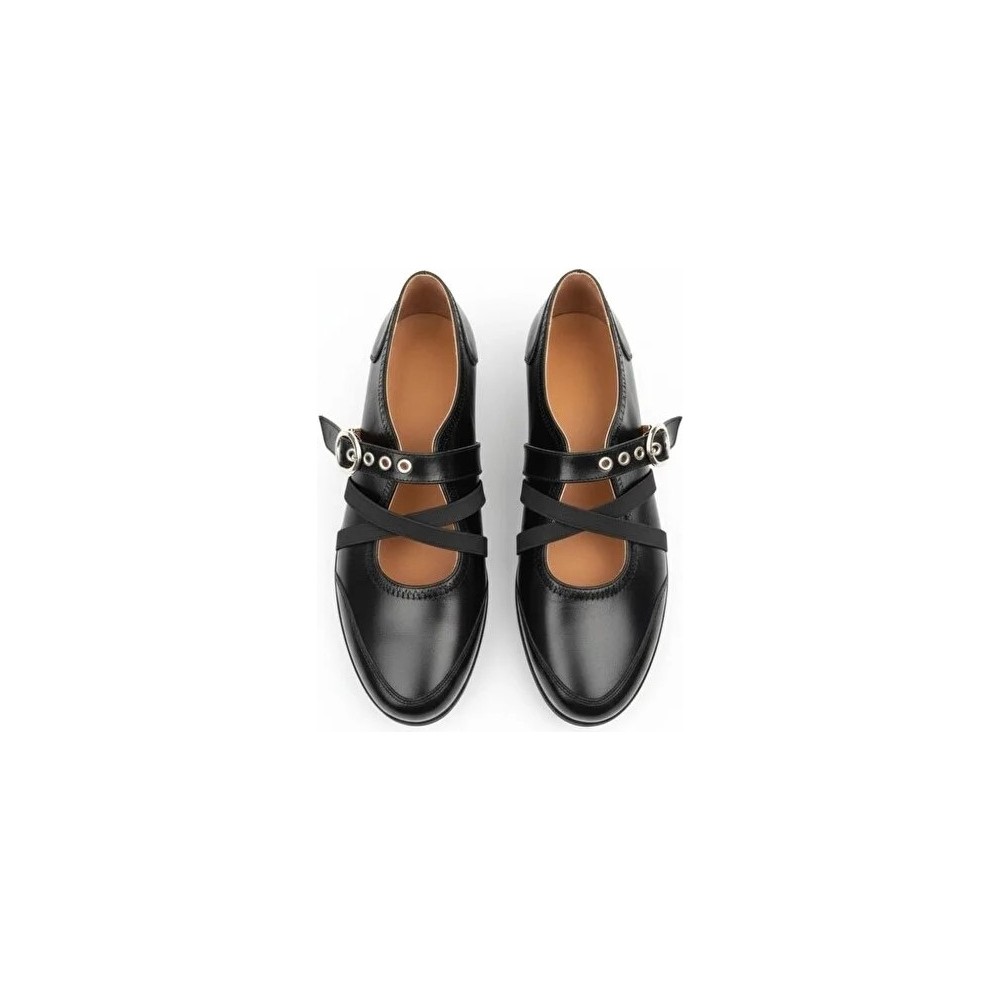 Ne&Ve Shoes Siyah Rugan Çapraz Lastikli Tokalı Kadın Günlük Şık ve Rahat Babet