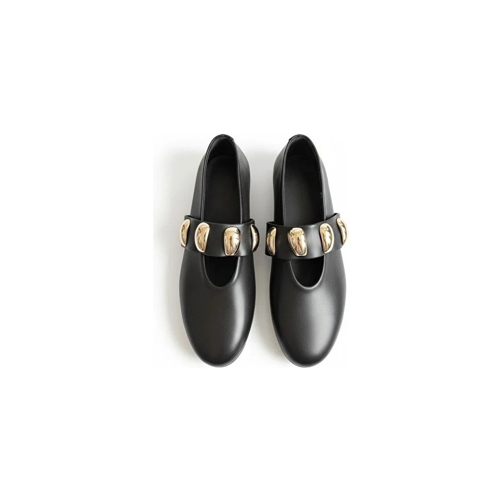 Ne&Ve Shoes Siyah Hakiki Deri Gold Aksesuar Detaylı Lastikli Kadın Şık ve Rahat Babet