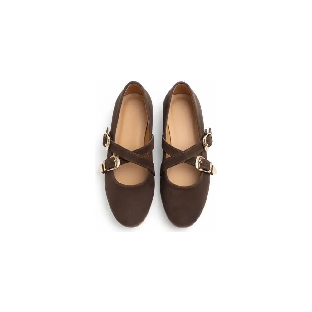 Ne&Ve Shoes Siyah Süet Hakiki Deri Çapraz Bantlı Aksesuar Detaylı Kadın Yuvarlak Burun Babet