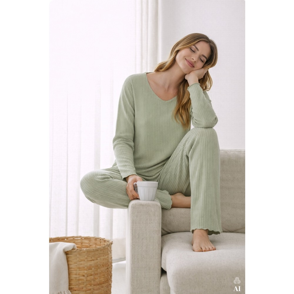 Koza İç Giyim Kadın Soft Touch Pijama Takımı Yeşil Fitilli Süs Dikişli Uzun Kollu Rahat Tasarım