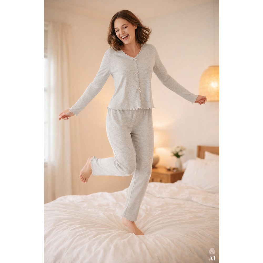 Koza İç Giyim Kadın Pamuklu Dantel ve Kurdele/Fiyonk Detaylı Kaşkorse Renkli Pijama Takımı