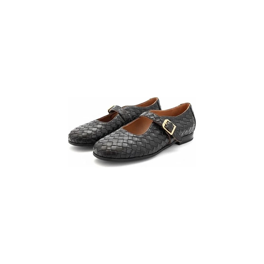 Ne&Ve Shoes Hakiki Deri Örgü Detaylı Tokalı Kaddın Yuvarlak Burun Babet