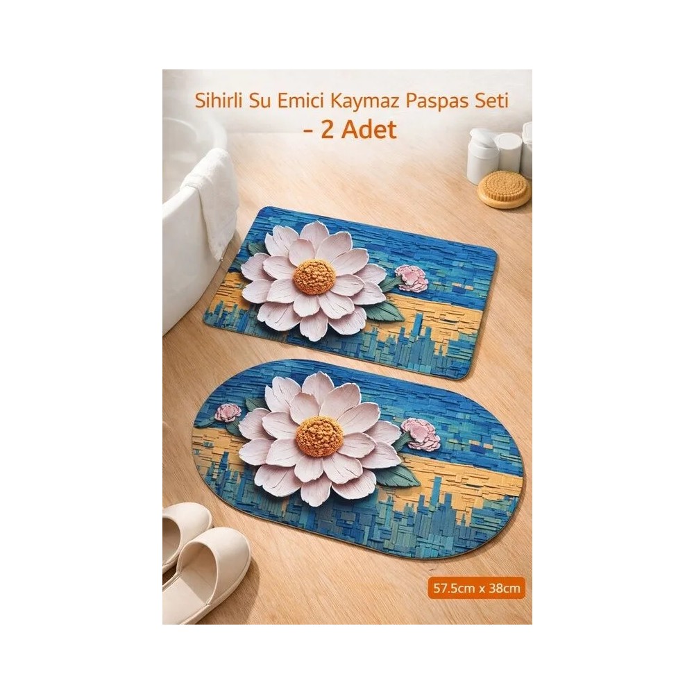 Aşkana Sihirli Paspas 2’li Set 57,5X38 Cm, Su Emici, Kaymaz Tabanlı, Banyo,duş,mutfak,lavabo,balkon Kapısı Paspası – Mavi-Çok Renkli Çiçek Desenli