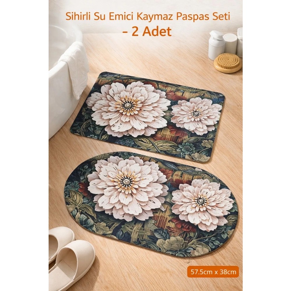 Aşkana Sihirli Paspas 2’li Set 57,5X38 Cm, Su Emici, Kaymaz Tabanlı, Banyo,duş,mutfak,lavabo,balkon Kapısı Paspası – Kahverengi Çiçek ve Geometrik Desenli