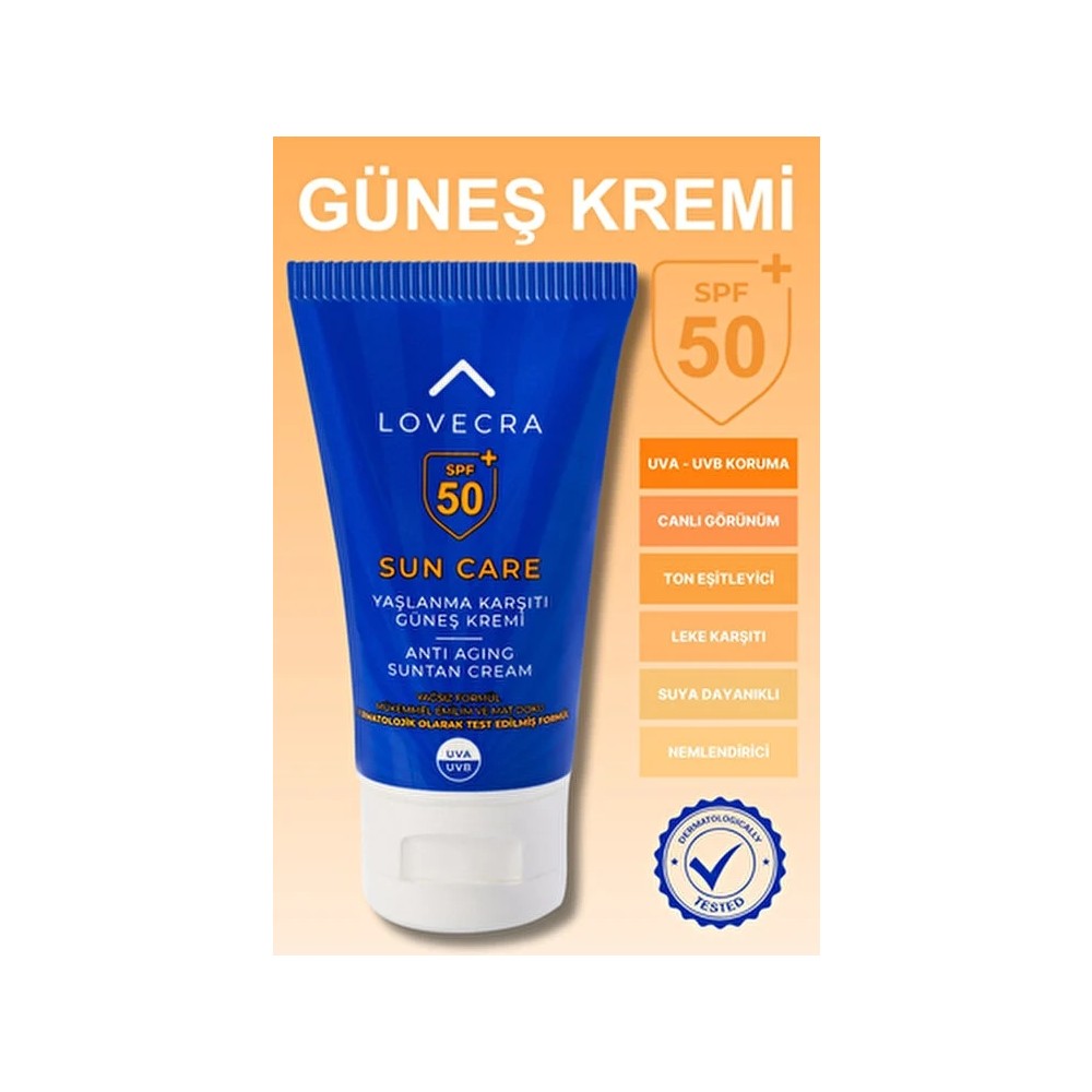 Lovecra Yüz Kremi Spf 50+ Yüksek Uva/uvb Koruma Yaşlanma Karşıtı Yağsız Hızlı Emilim Güneş Kremi 50ML