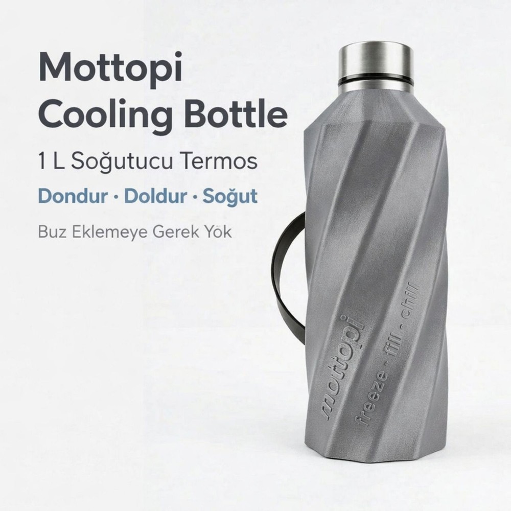 Mottopi Soğutucu Saplı Termos Gri– 1 L Cooling Bottle Dondur Doldur Soğut, Buzsuz Soğuk Su Termosu, Soğutucu Şişe, Taşınabilir Sıvı Soğutucu