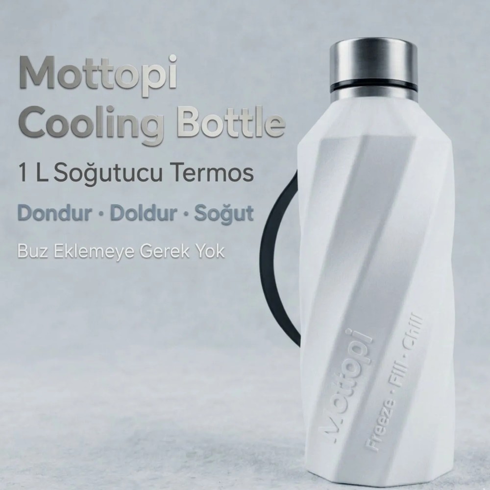 Mottopi Soğutucu Saplı Termos Beyaz– 1 L Cooling Bottle Dondur Doldur Soğut, Buzsuz Soğuk Su Termosu, Soğutucu Şişe, Taşınabilir Sıvı Soğutucu