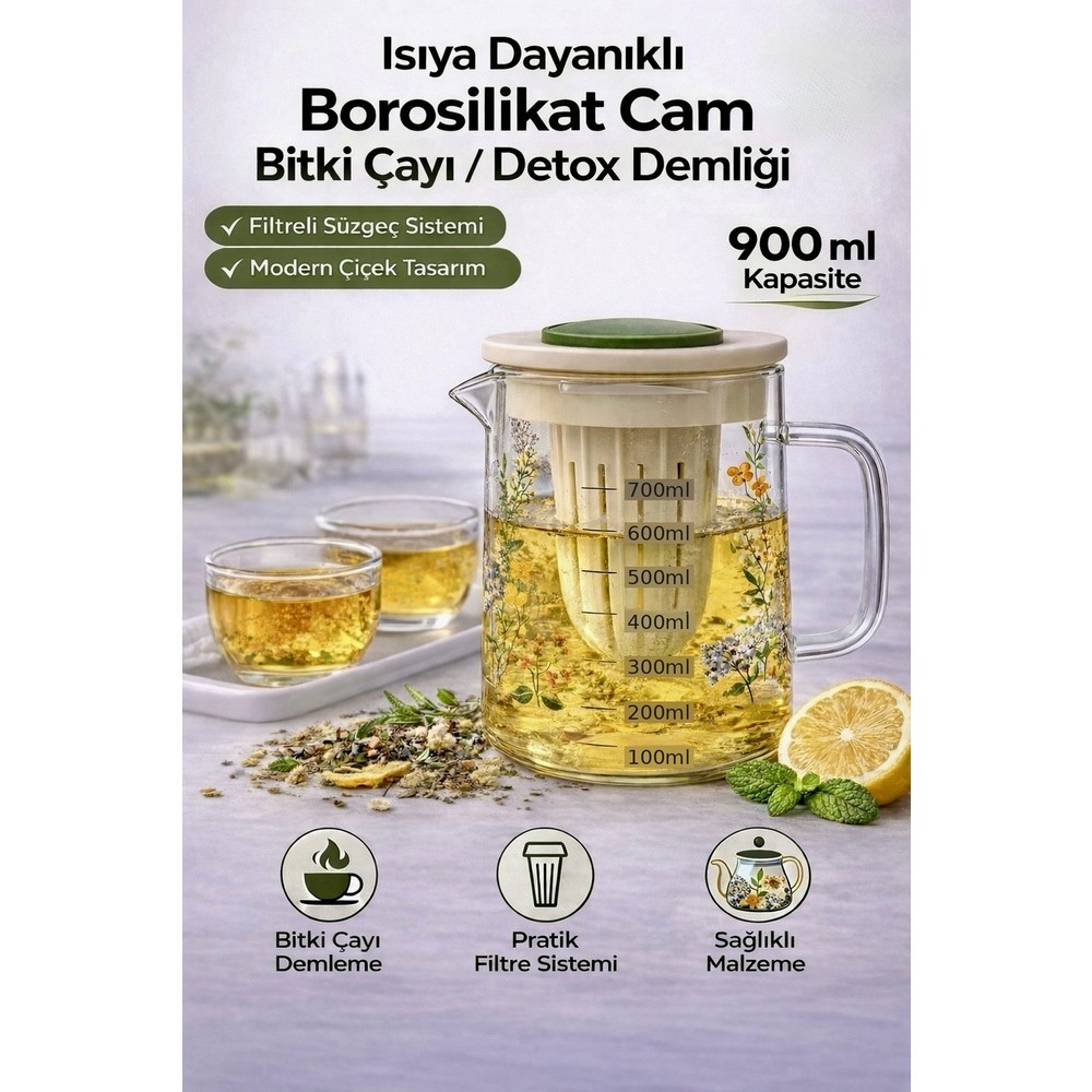 Aşkana Isıya Dayanıklı Borosilikat Cam Bitki Çayı,Çay ve Detox Karışımı Demliği, Süzgeçli, Ölçekli, Kulplu SÜRAHI,900 ml