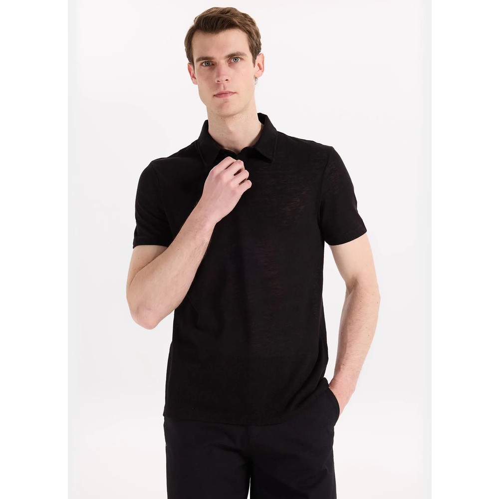 Fabrika Siyah Erkek Slim Fit Flamlı Polo T-Shirt F6SM-TST 2901