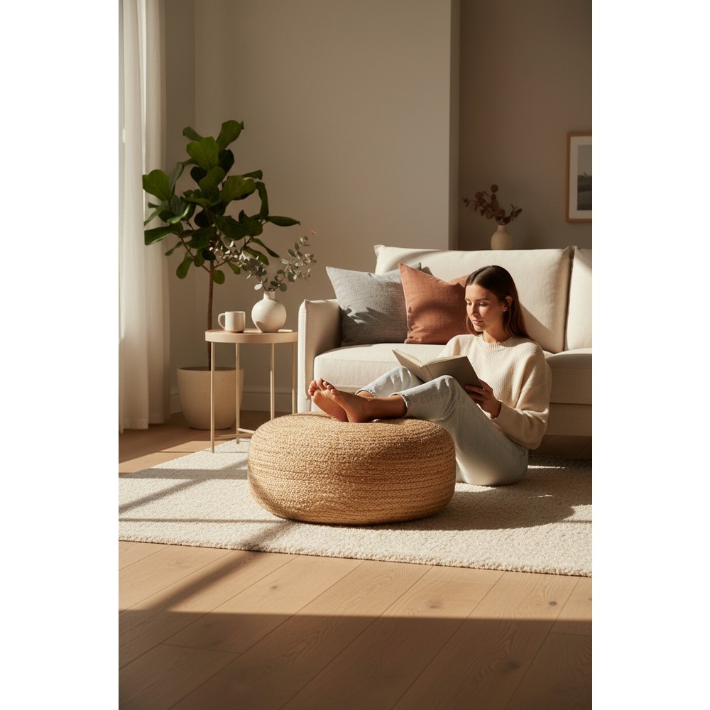 Akayev Nature Hasır Jüt Büyük Yuvarlak Yassı Puf 60X20 cm
