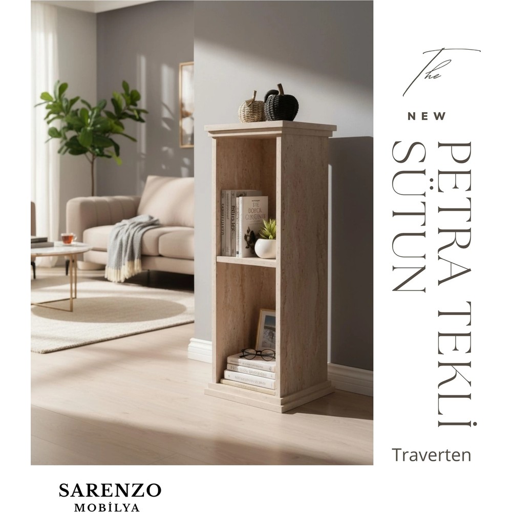 Sarenzo Traverten Çok Amaçlı Yan Sehpa Kitaplık Dekor Sehpa