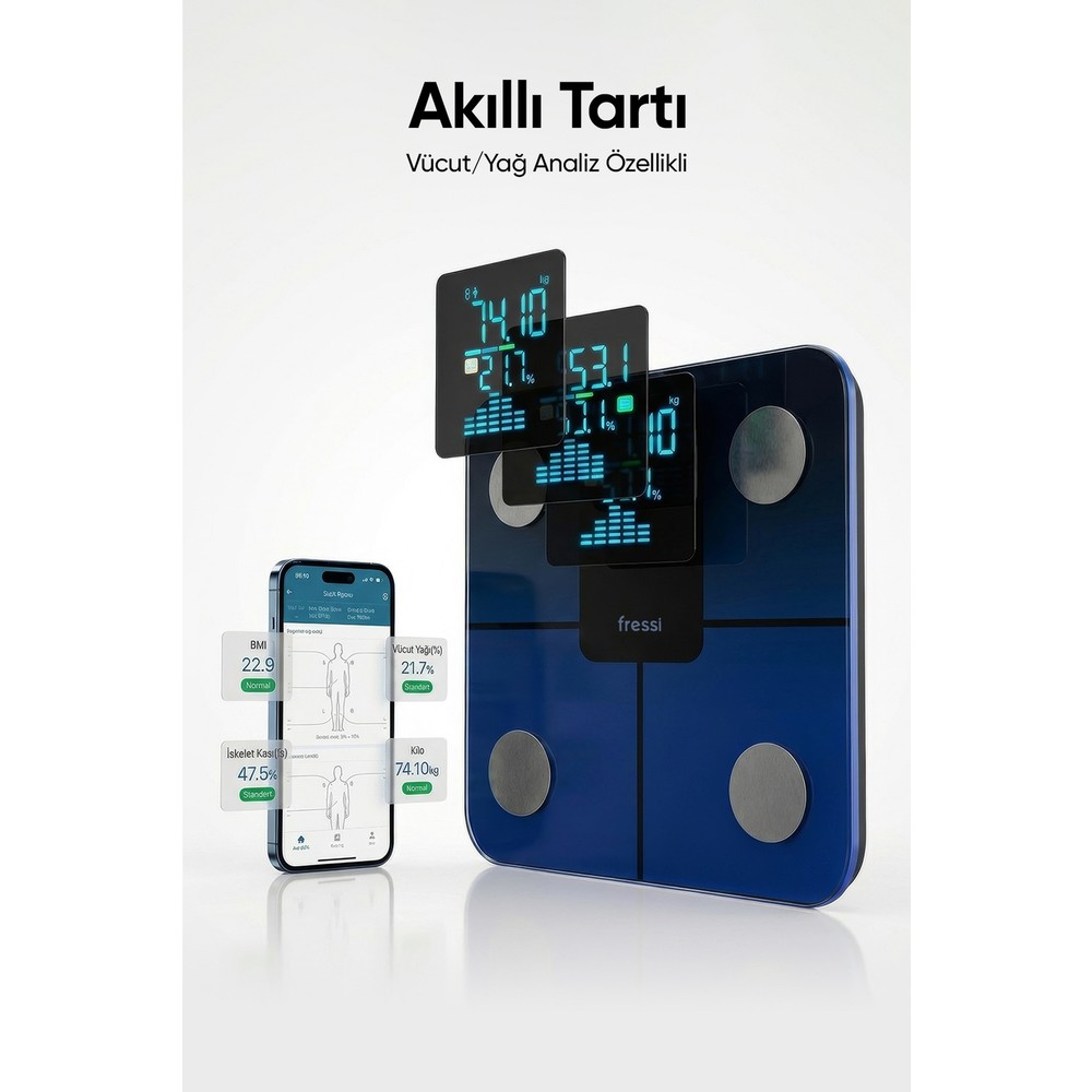 Fressi Dijital Baskül Nova Bluetooth Grandyan Cam Malzemeli LCD Ekranlı Vücut Analiz Tartısı