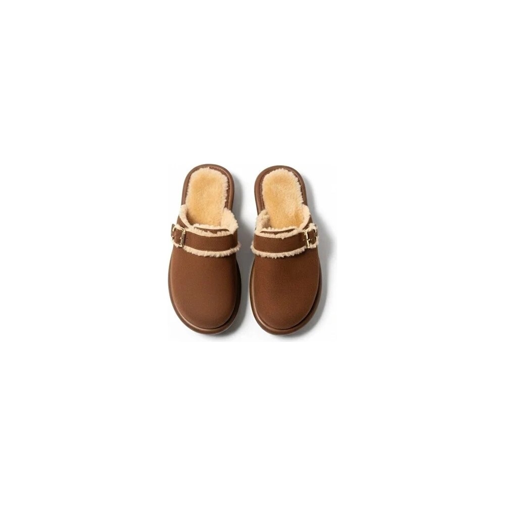 Ne&Ve Shoes Taba Süet Tokalı Içi Peluş Astarlı Kadın Sabo Terlik