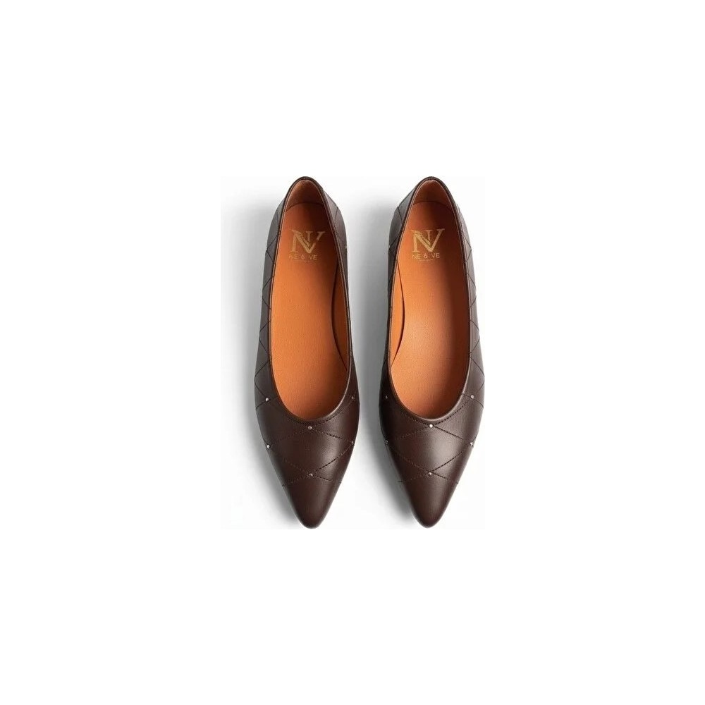Ne&Ve Shoes Kahve Deri Çapraz Dikiş Detaylı Pimli Kadın Sivri Burun Babet