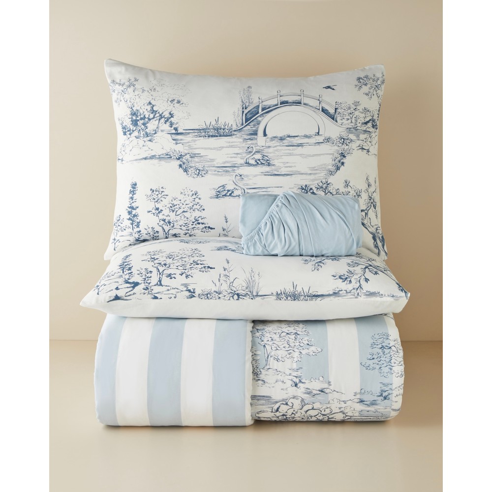 English Home Striped Jouy Pamuklu Çarşaflı Çift Kişilik Nevresim Takımı 200x220 cm Mavi