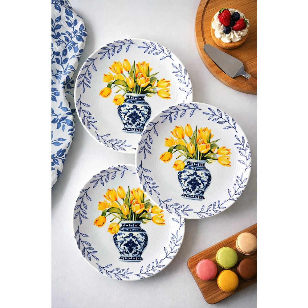 Grandora Vazo ve Çiçek Desenli (6 Adet, 20 Cm) Modern Pasta Tatlı Tabağı Seti – Şık Kahvaltılık Tabak