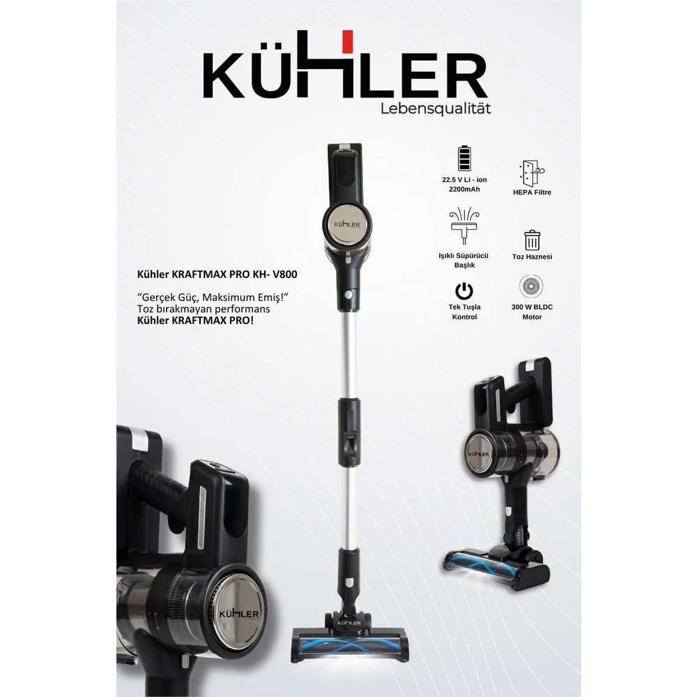 Kühler Kraftmax Pro KH-V800 Kablosuz Turbo Fırçalı Katlanır Esnek Boru Teknolojisi Dikey Şarjlı Süpürge