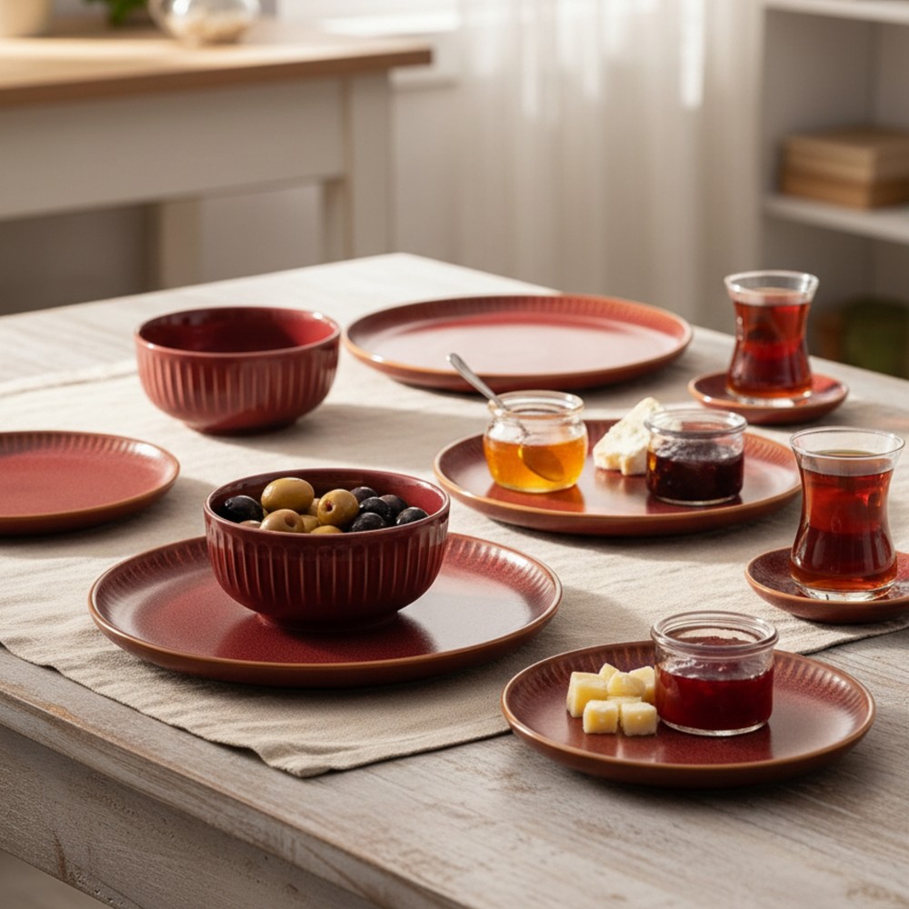 Jumbo Efes Kırmızı Kahvaltı & Aperatif Sunum Seti 12 Parça – 6 Kişilik Porselen Tabak Kase Seti