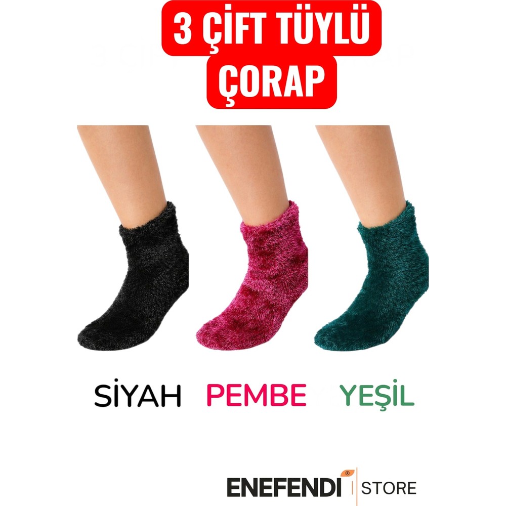 NF ND ENEFENDİ Tüylü Çorap 3 Çift Kışlık Termal Patik Dikişsiz Erkek Kadın Siyah Pembe Yeşil 36-41