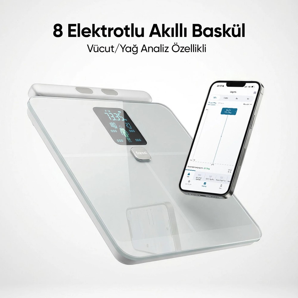 Fressi Dijital Baskül Shape Pro 8 Elektrotlu Gümüş Akıllı Tartı LCD Ekranlı Hassas Ölçüm