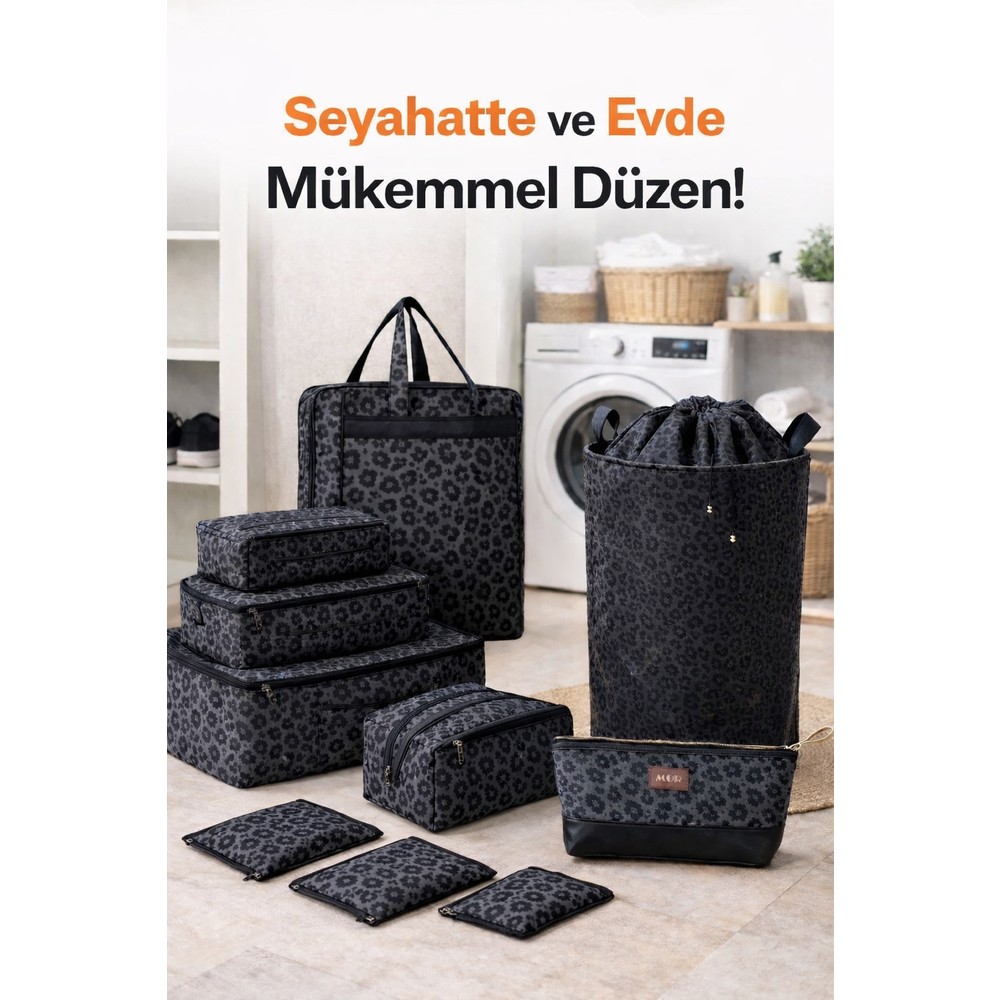Morport Premium Leopar Desenli 10 Parça Valiz Organizer Seti Makyaj Çantası Kirli Sepeti