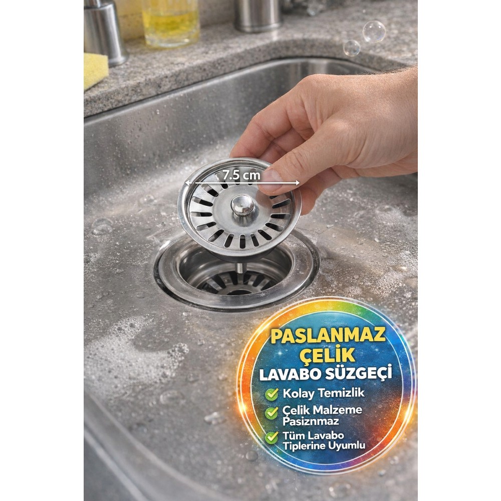 Open Home Concept Paslanmaz Çelik Lavabo Süzgeci 8 cm Gider Tıpası Mutfak Banyo Koku Önleyici Filtre