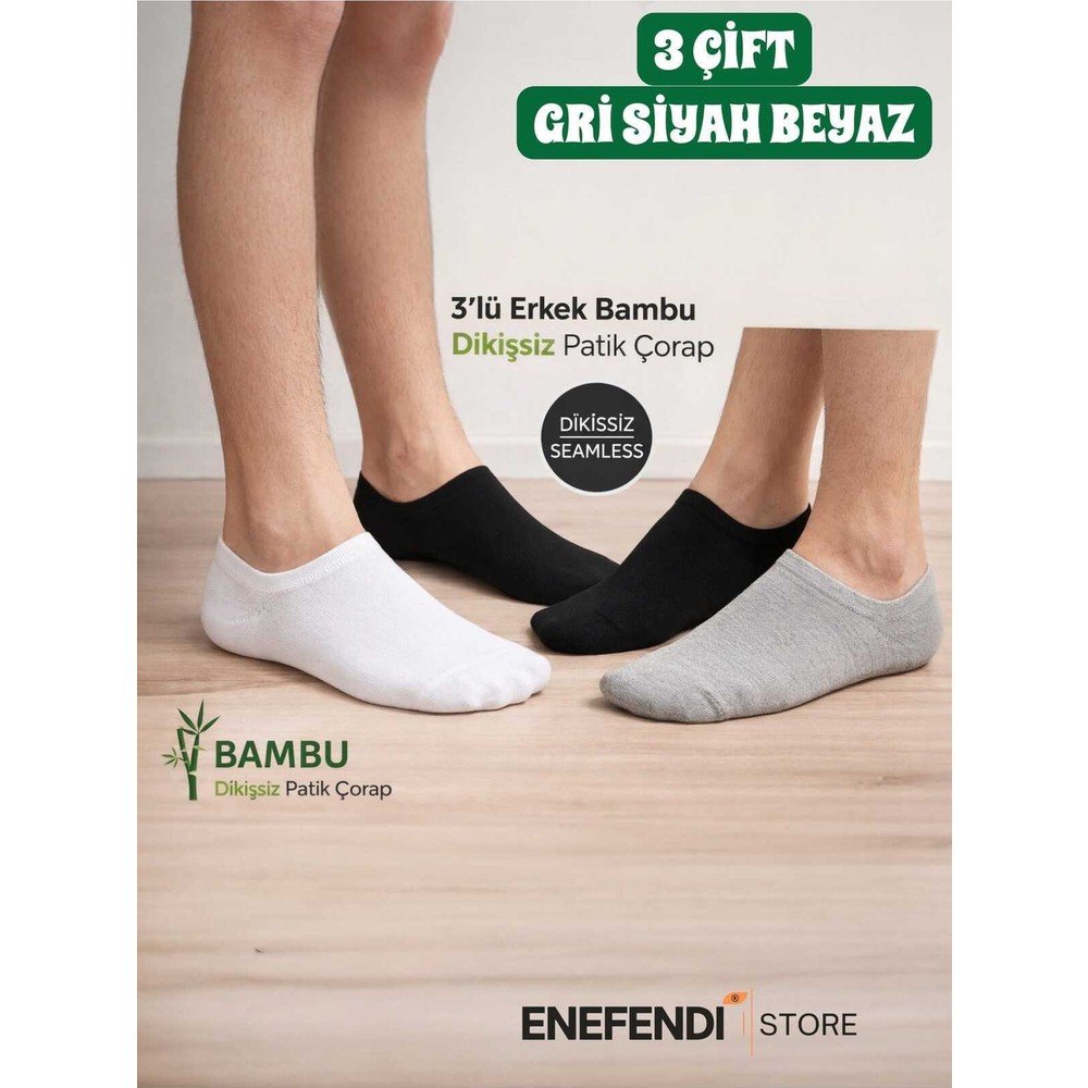 NF ND ENEFENDİ Erkek 3’lü Bambu Patik Çorap ★ Dikişsiz Terletmeyen Lüx Çorap ★ Silikon Destekli Kaymaz Topuk ★ 41-45