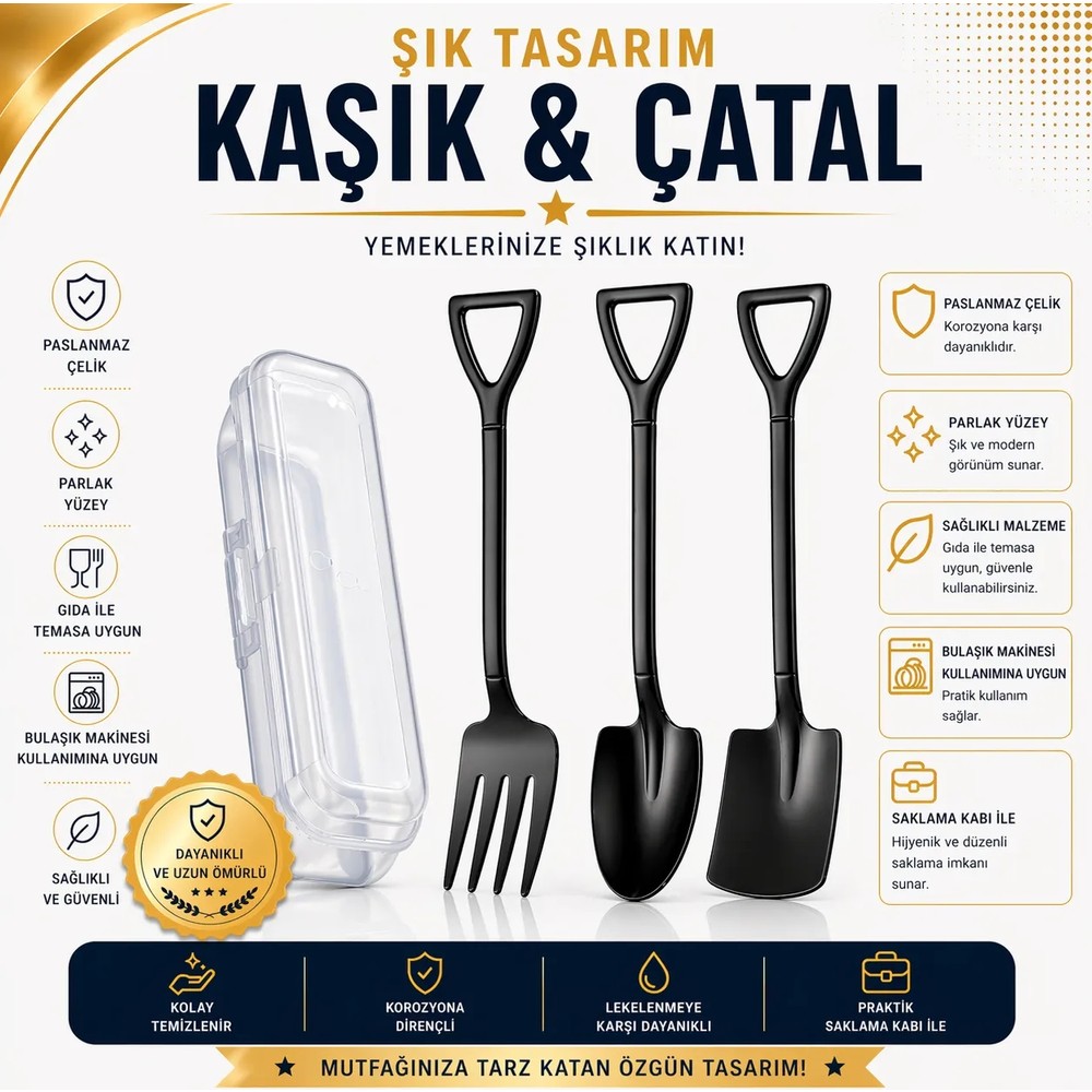 Paslanmaz Çelik Kürek Tipi Kaşık (2 Adet), Çatal (1 Adet) + Saklama Kutusu (Toplam 4 Parça)
