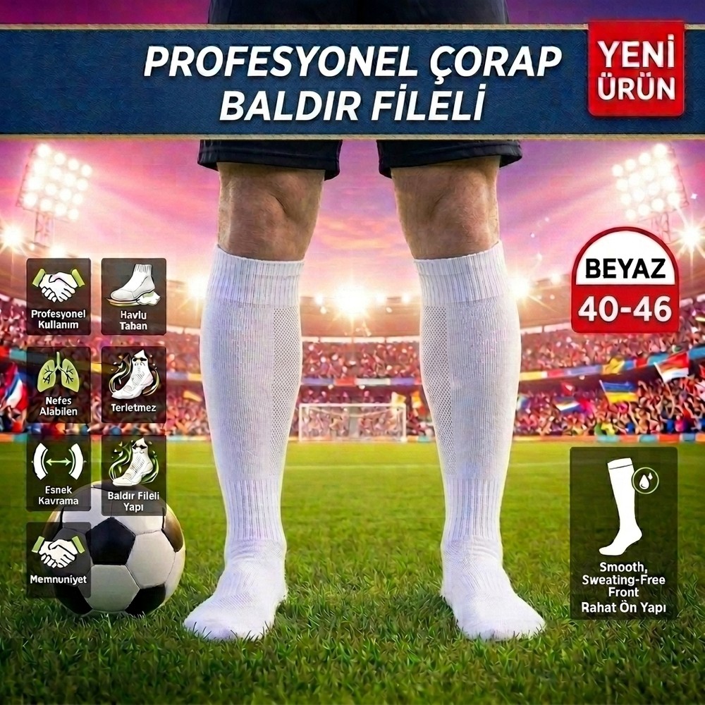 Bs Beyaz Shoes Profesyonel Resmi Müsabaka Futbol Maç Çorabı Baldır Fileli Hava Alabilen Tozluk Konç Halısaha Çorabı 40-46
