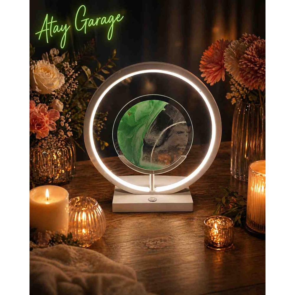 Atay Garage Modern LED Halka Masa Lambası – Epoksi Sanatlı Dekoratif Gece Lambası Yeşil Kum Saatli
