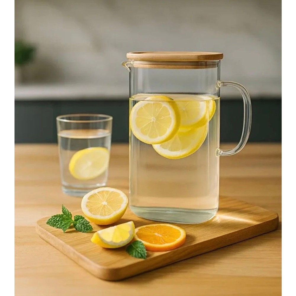 Aşkana Bambu Kapaklı Cam Sürahi 1,5 Litre,ısıya Dayanıklı Borosilikat Cam Sürahi, Limonata, Soğuk Içecek ve Sunum Sürahisi